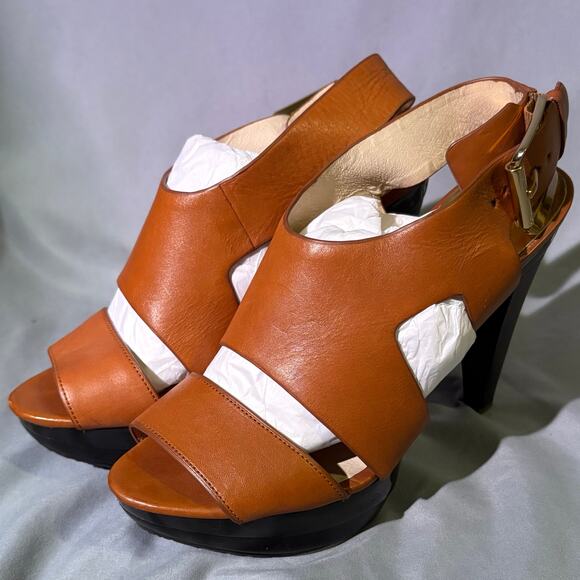 Michael Kors Tan Leather Platform Heels Size 7.5 – Slingback Peep Toe - Picture 1 of 7